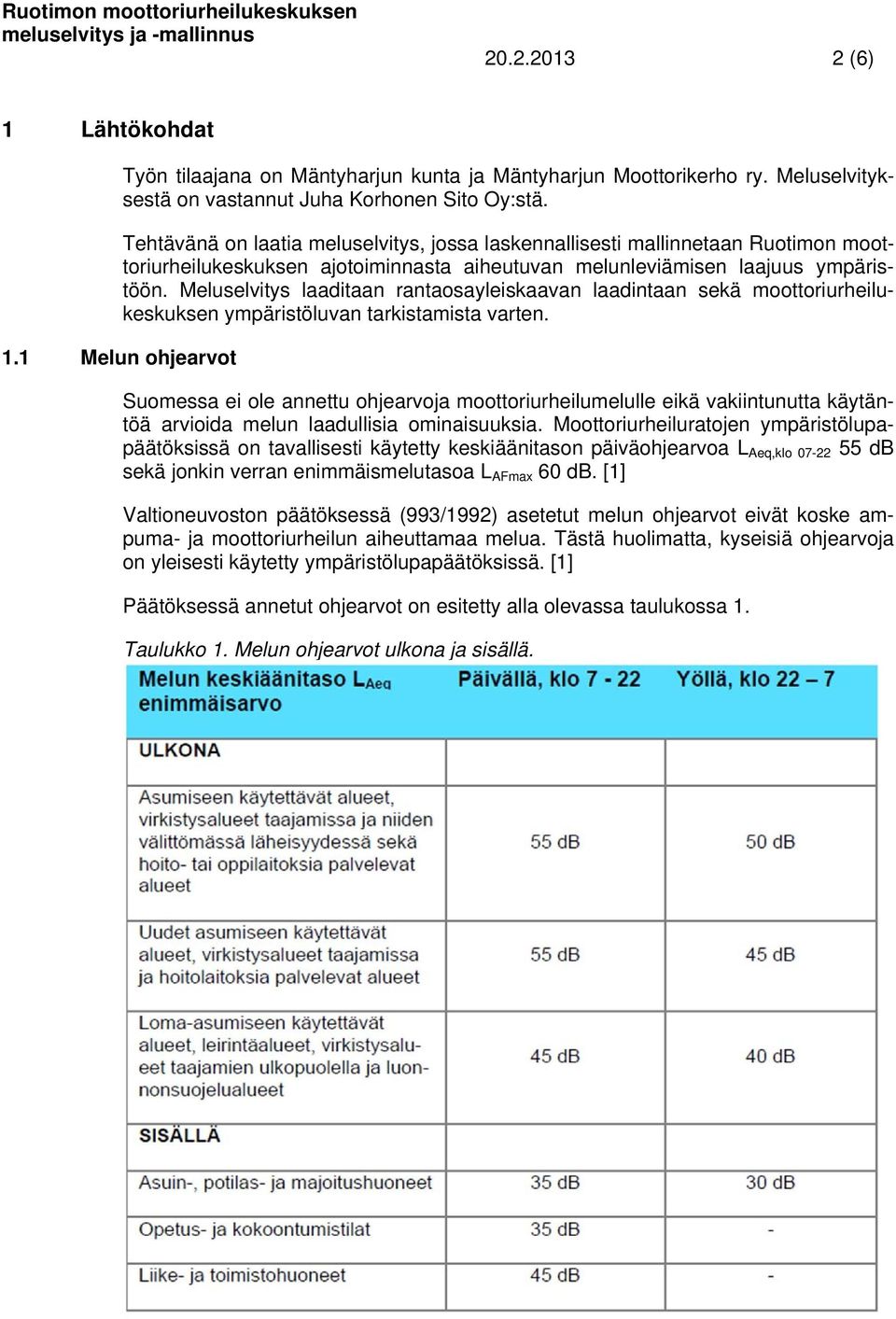 Meluselvitys laaditaan rantaosayleiskaavan laadintaan sekä moottoriurheilukeskuksen ympäristöluvan tarkistamista varten. 1.