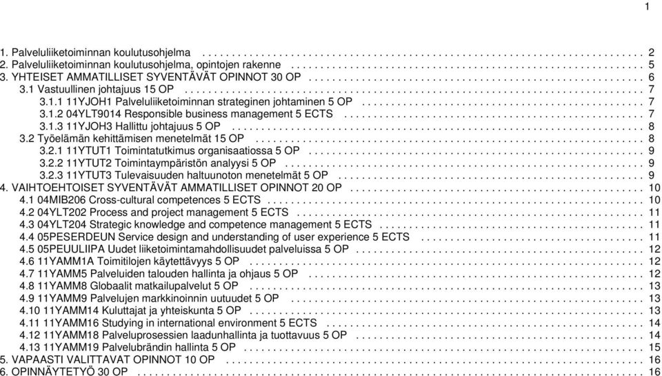 1.1 11YJOH1 Palveluliiketoiminnan strateginen johtaminen 5 OP................................................ 7 3.1.2 04YLT9014 Responsible business management 5 ECTS................................................... 7 3.1.3 11YJOH3 Hallittu johtajuus 5 OP.