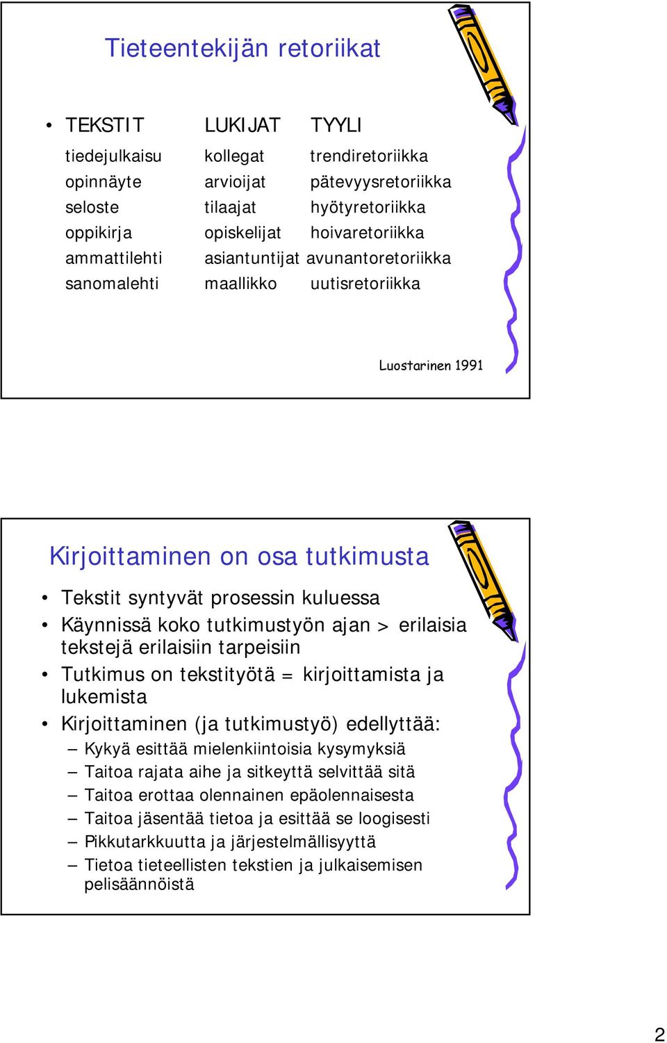 ajan > erilaisia tekstejä erilaisiin tarpeisiin Tutkimus on tekstityötä = kirjoittamista ja lukemista Kirjoittaminen (ja tutkimustyö) edellyttää: Kykyä esittää mielenkiintoisia kysymyksiä Taitoa