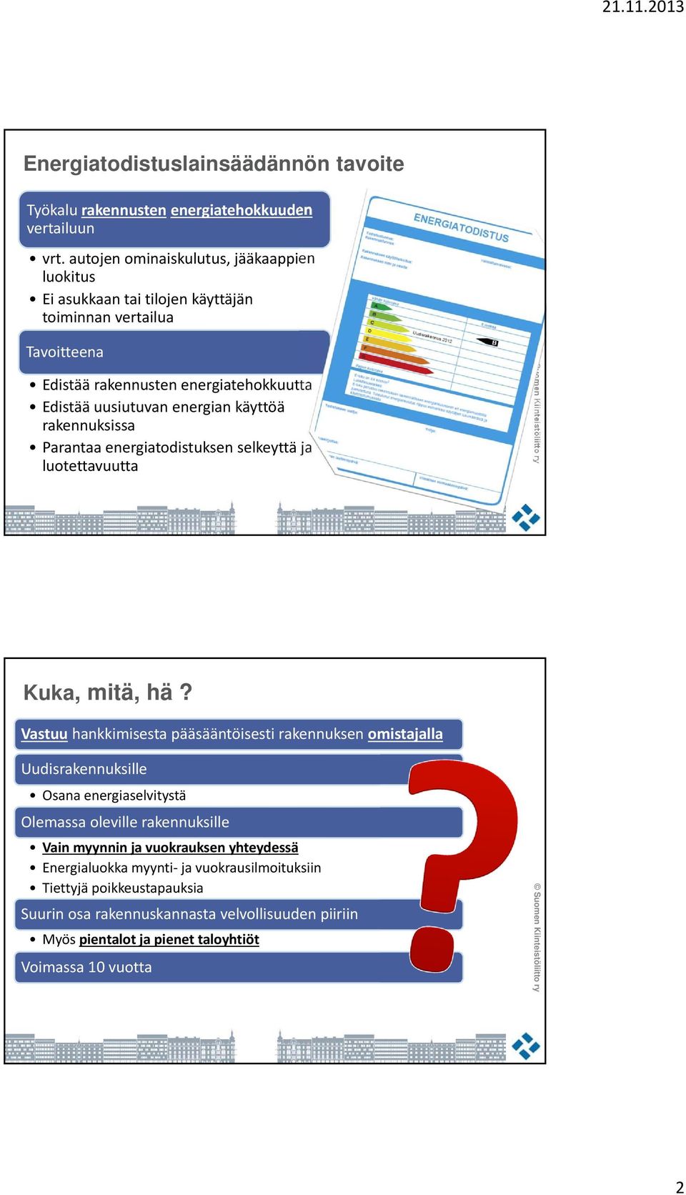 käyttöä rakennuksissa Parantaa energiatodistuksen selkeyttä ja luotettavuutta Kuka, mitä, hä?