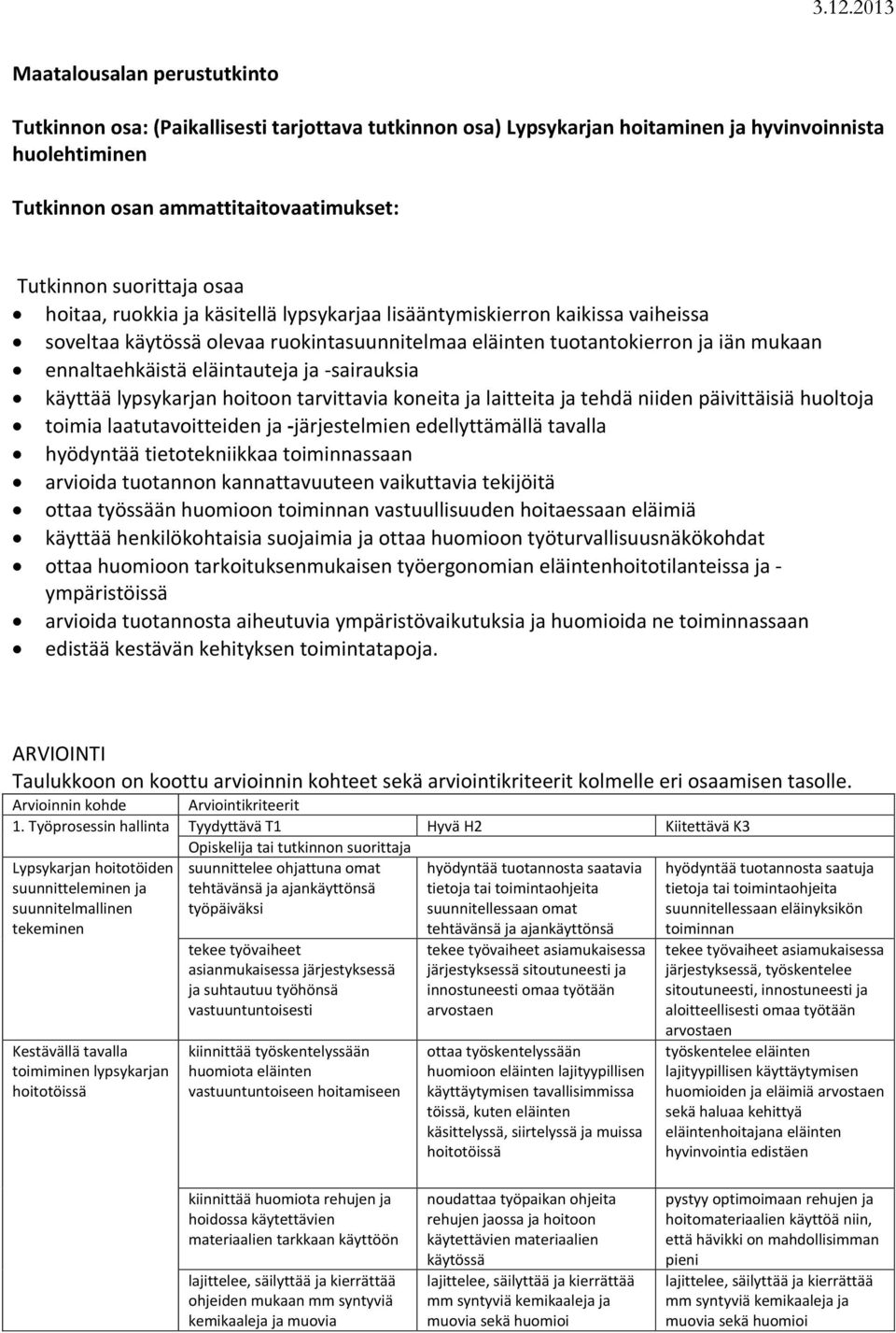 -sairauksia käyttää lypsykarjan hoitoon tarvittavia koneita ja laitteita ja tehdä niiden päivittäisiä huoltoja toimia laatutavoitteiden ja -järjestelmien edellyttämällä tavalla hyödyntää