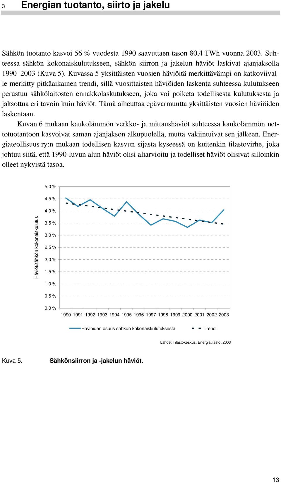 Kuvassa 5 yksittäisten vuosien häviöitä merkittävämpi on katkoviivalle merkitty pitkäaikainen trendi, sillä vuosittaisten häviöiden laskenta suhteessa kulutukseen perustuu sähkölaitosten