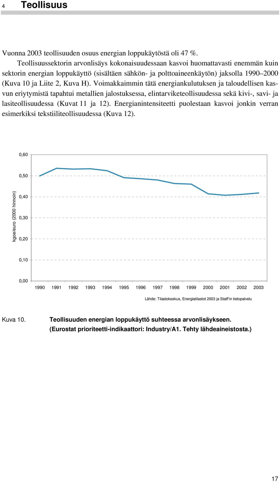 Voimakkaimmin tätä energiankulutuksen ja taloudellisen kasvun eriytymistä tapahtui metallien jalostuksessa, elintarviketeollisuudessa sekä kivi-, savi- ja lasiteollisuudessa (Kuvat 11 ja 12).