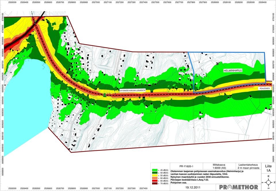 > 60 db(a) > 65 db(a) > 70 db(a) PR-Y1820-1 Mittakaava 1:6000 (A3) Otalammen taajaman pohjoisosan asemakaavoitus (Helminharju) ja vanhan kaavan uudistaminen radan itäpuolelta,