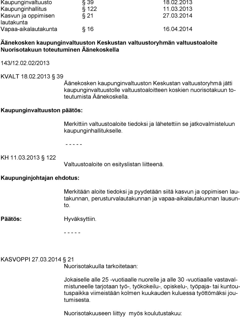 02/2013 KVALT 18.02.2013 39 Äänekosken kaupunginvaltuuston Keskustan valtuustoryhmä jätti kaupunginvaltuustolle valtuustoaloitteen koskien nuorisotakuun toteutumista Äänekoskella.