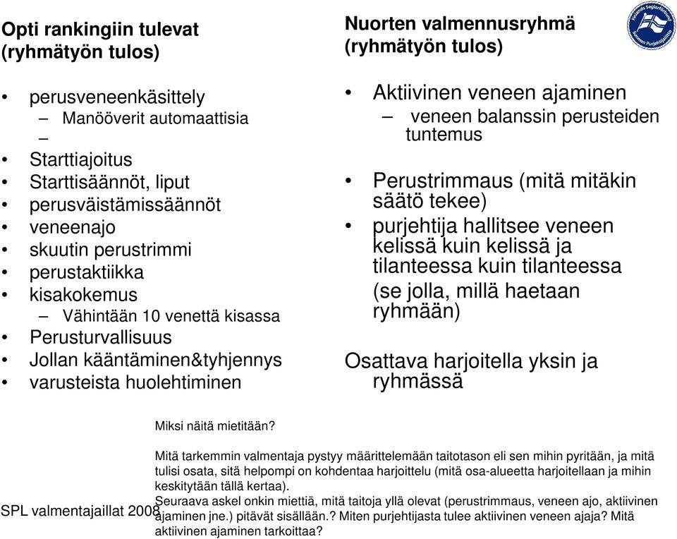 perusteiden tuntemus Perustrimmaus (mitä mitäkin säätö tekee) purjehtija hallitsee veneen kelissä kuin kelissä ja tilanteessa kuin tilanteessa (se jolla, millä haetaan ryhmään) Osattava harjoitella