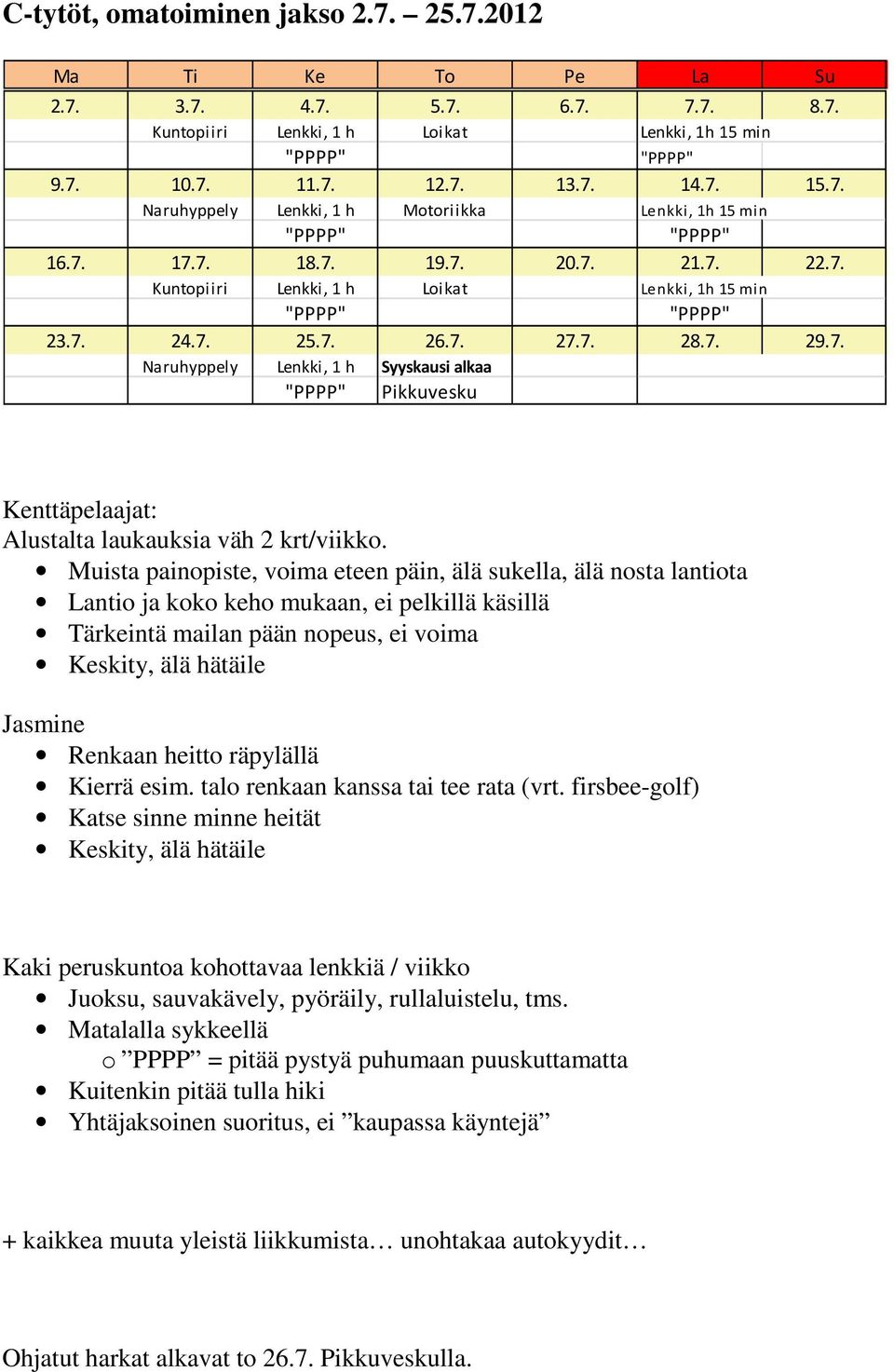 Muista painopiste, voima eteen päin, älä sukella, älä nosta lantiota Lantio ja koko keho mukaan, ei pelkillä käsillä Tärkeintä mailan pään nopeus, ei voima Keskity, älä hätäile Jasmine Renkaan heitto