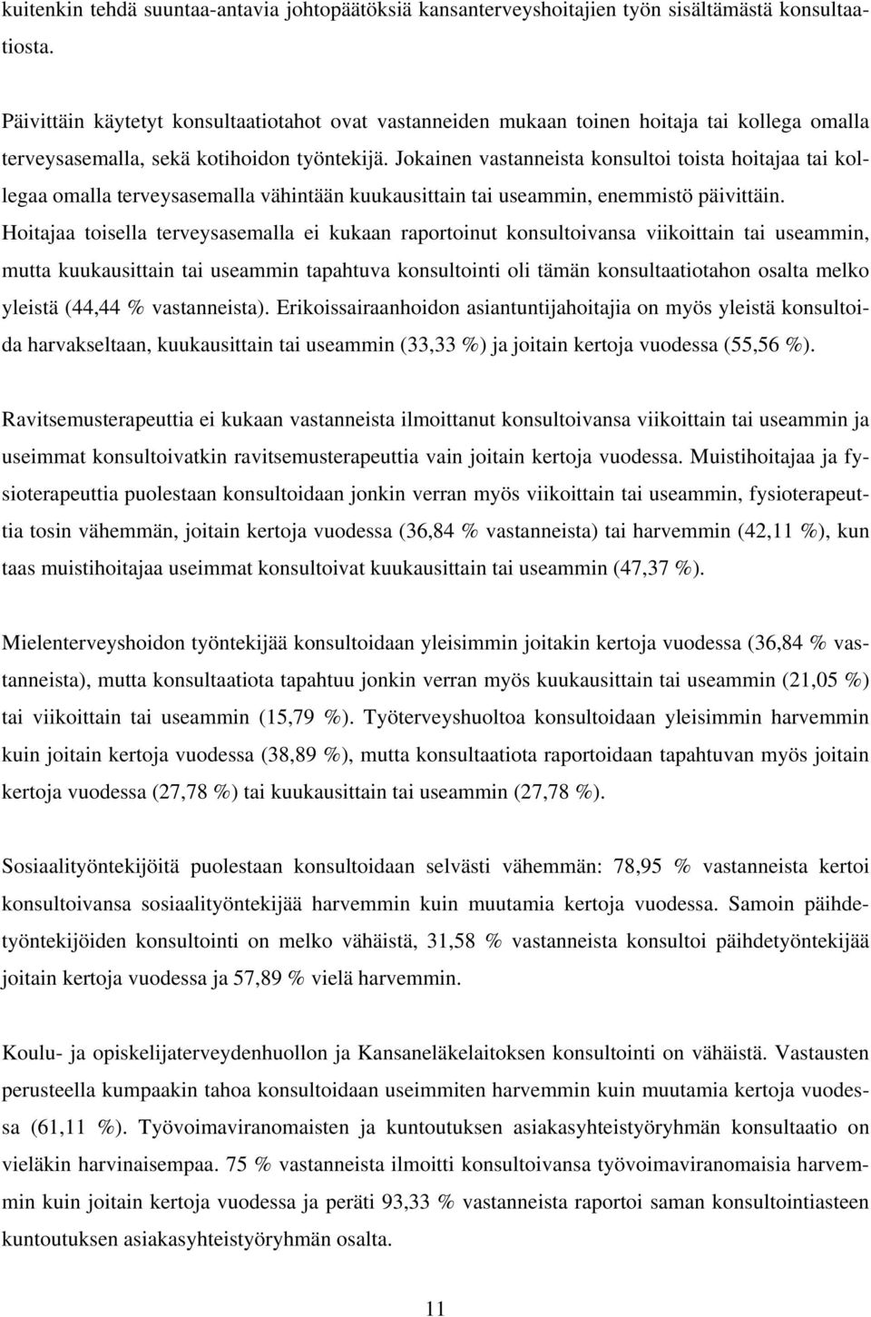 Jokainen vastanneista konsultoi toista hoitajaa tai kollegaa omalla terveysasemalla vähintään kuukausittain tai useammin, enemmistö päivittäin.