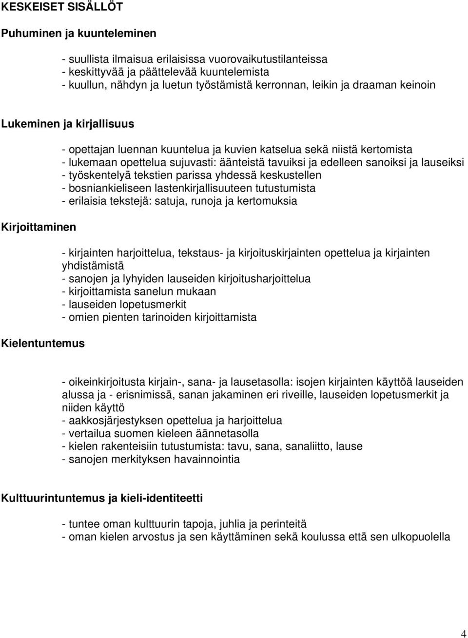 tavuiksi ja edelleen sanoiksi ja lauseiksi - työskentelyä tekstien parissa yhdessä keskustellen - bosniankieliseen lastenkirjallisuuteen tutustumista - erilaisia tekstejä: satuja, runoja ja