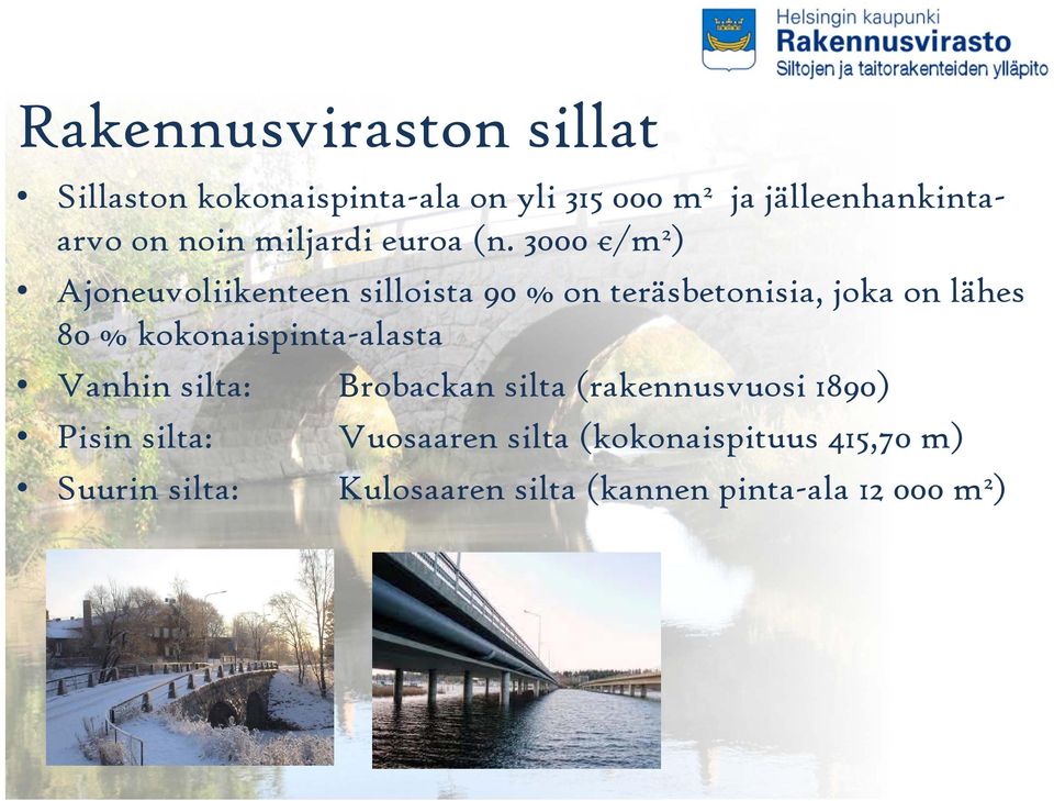 3000 /m 2 ) Ajoneuvoliikenteen silloista 90 % on teräsbetonisia, joka on lähes 80 %