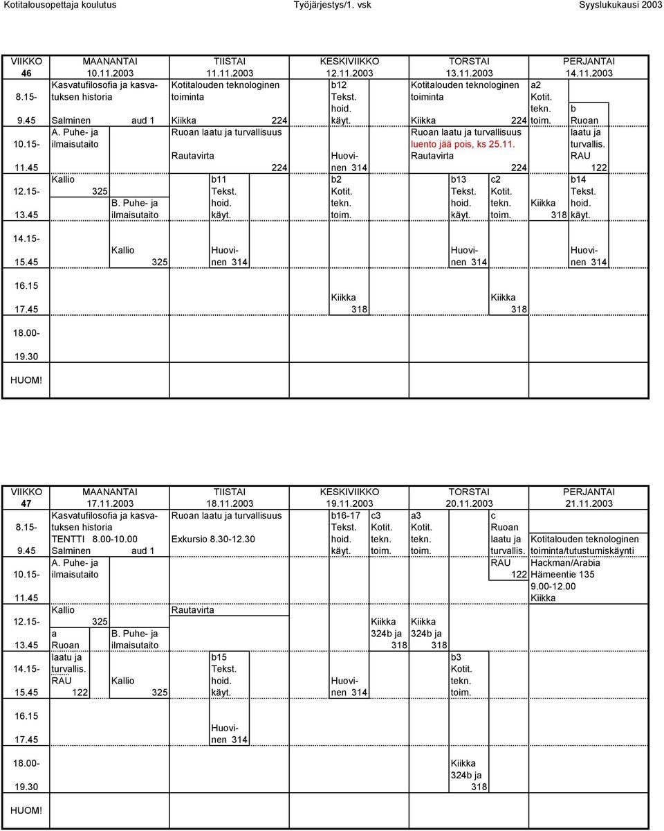 15- ilmaisutaito luento jää pois, ks 25.11. turvallis. Rautavirta Huovi- Rautavirta RAU 11.45 224 nen 314 224 122 Kallio b11 b2 b13 c2 b14 12.15-325 Tekst. Kotit. Tekst. Kotit. Tekst. B.