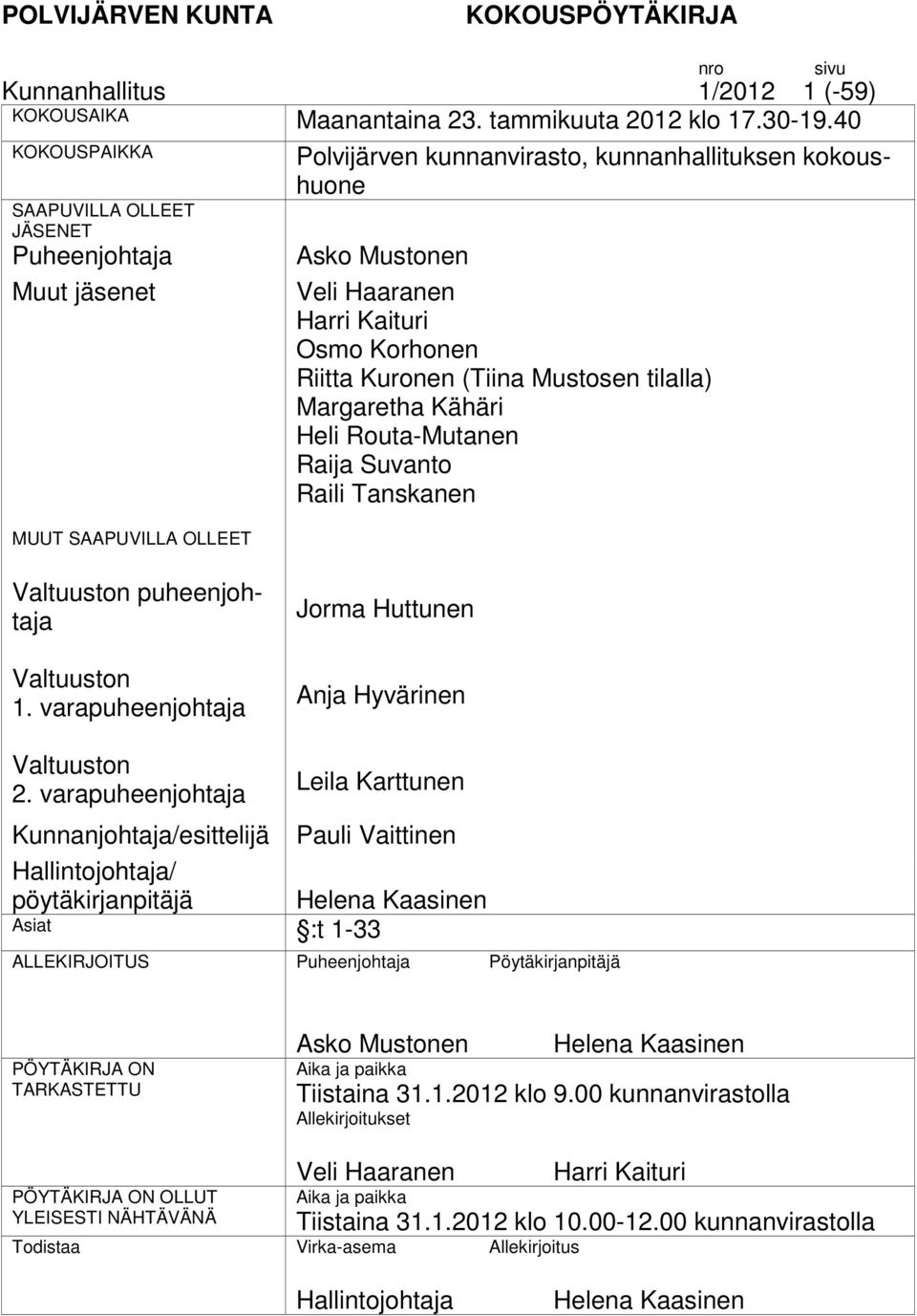 Osmo Korhonen Riitta Kuronen (Tiina Mustosen tilalla) Margaretha Kähäri Heli Routa-Mutanen Raija Suvanto Raili Tanskanen n puheenjohtaja n 1. varapuheenjohtaja Jorma Huttunen Anja Hyvärinen n 2.