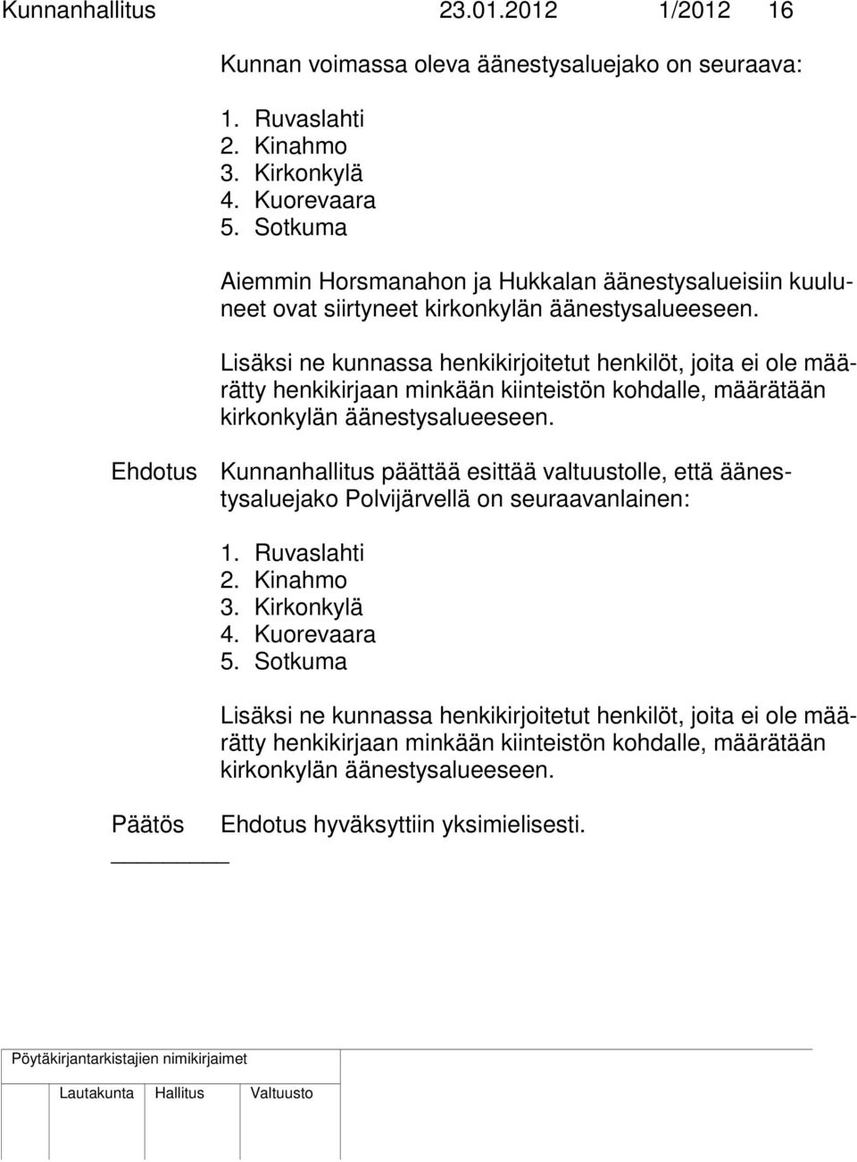 Lisäksi ne kunnassa henkikirjoitetut henkilöt, joita ei ole määrätty henkikirjaan minkään kiinteistön kohdalle, määrätään kirkonkylän äänestysalueeseen.