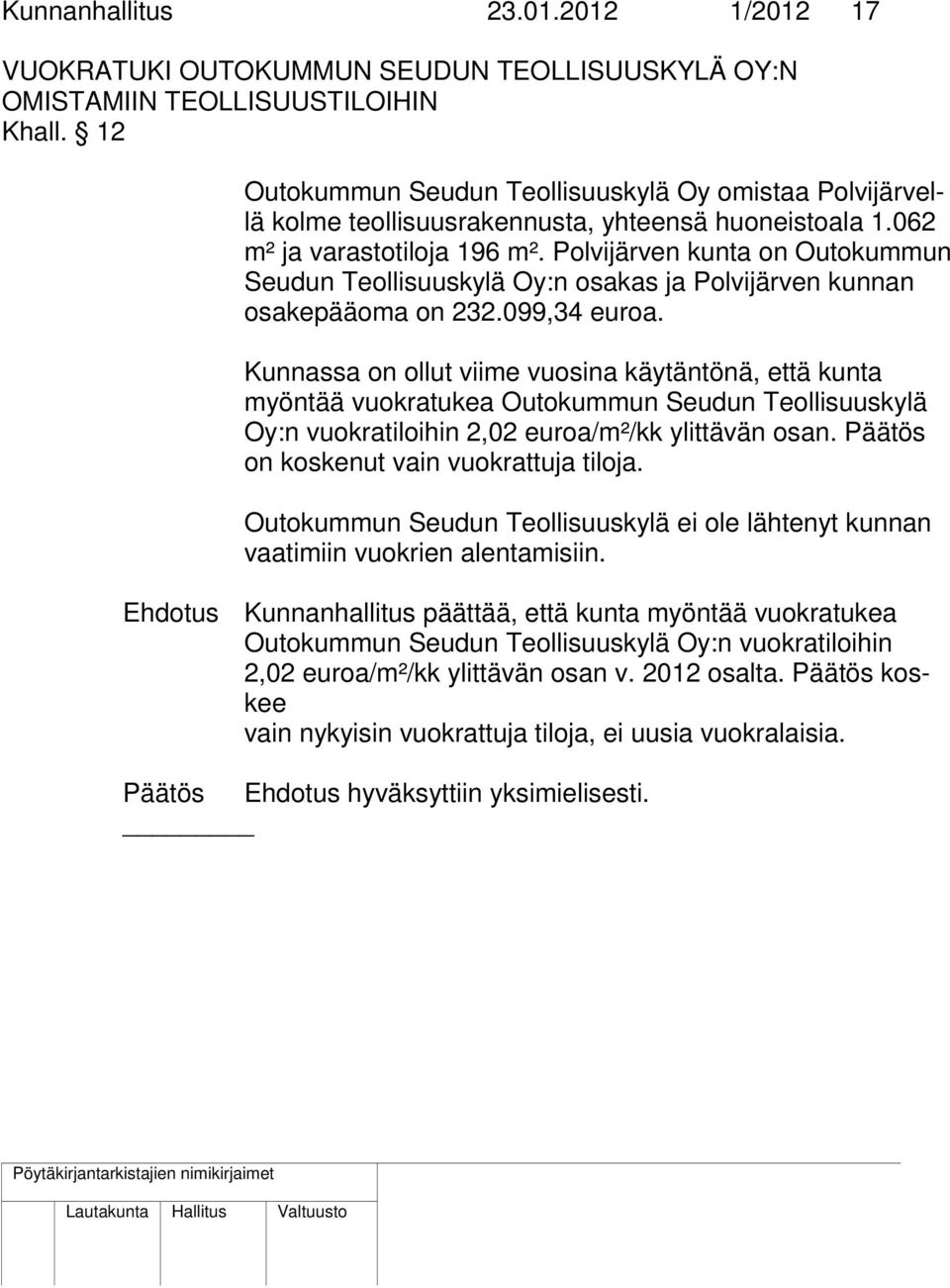 Polvijärven kunta on Outokummun Seudun Teollisuuskylä Oy:n osakas ja Polvijärven kunnan osakepääoma on 232.099,34 euroa.