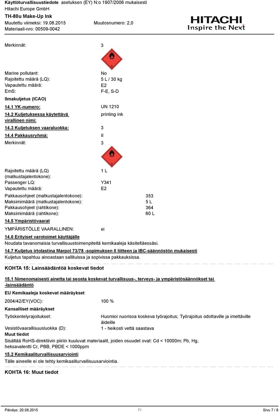 4 Pakkausryhmä: Merkinnät: printing ink II Rajoitettu määrä (LQ) (matkustajalentokone): Passenger LQ: Vapautettu määrä: Pakkausohjeet (matkustajalentokone): Maksimimäärä (matkustajalentokone):