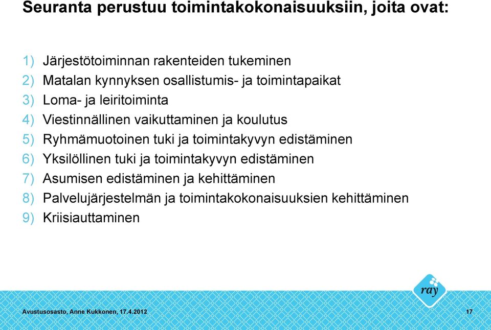 tuki ja toimintakyvyn edistäminen 6) Yksilöllinen tuki ja toimintakyvyn edistäminen 7) Asumisen edistäminen ja