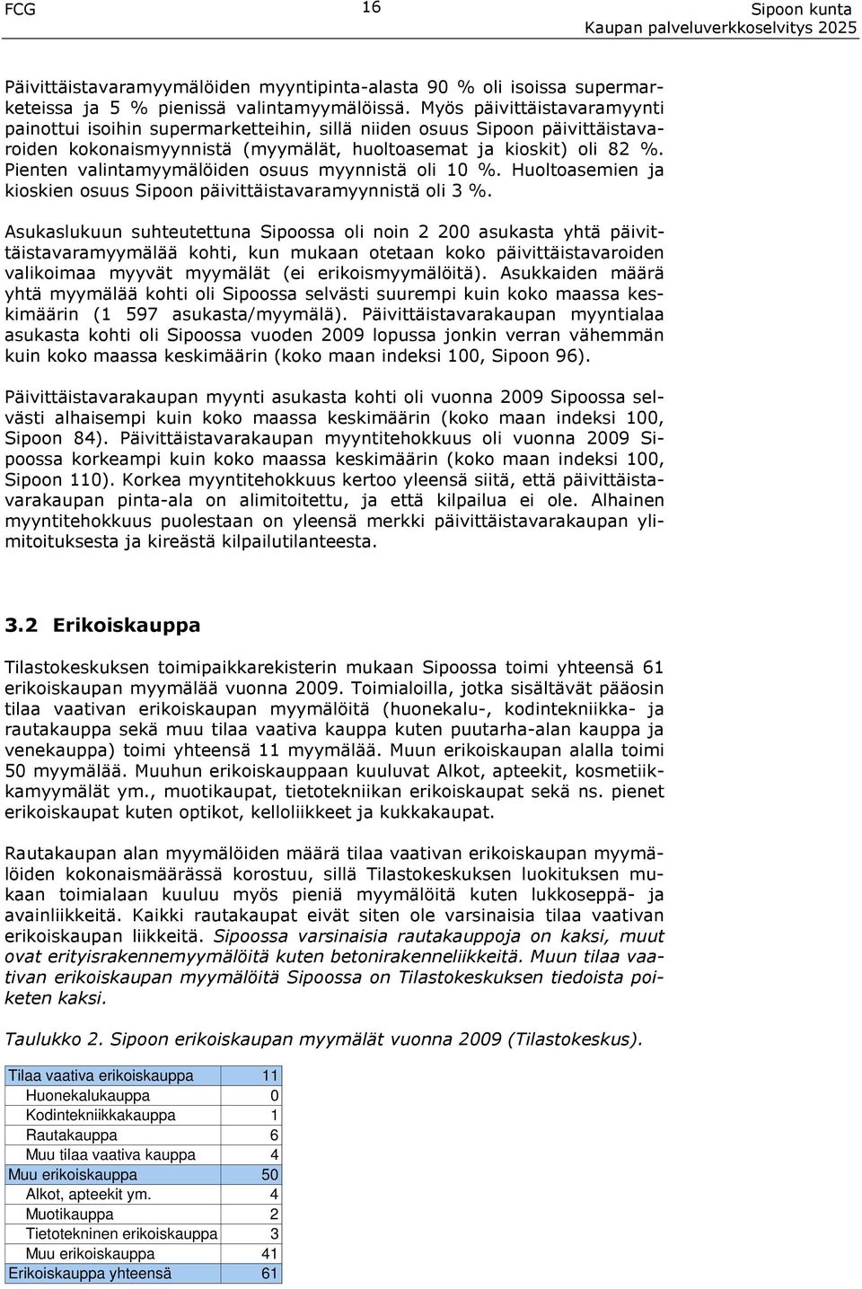Pienten valintamyymälöiden osuus myynnistä oli 10 %. Huoltoasemien ja kioskien osuus Sipoon päivittäistavaramyynnistä oli 3 %.