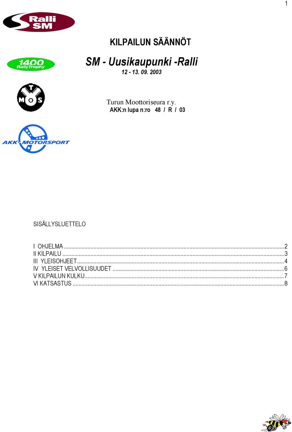 AKK:n lupa n:ro 48 / R / 03 SISÄLLYSLUETTELO I OHJELMA.