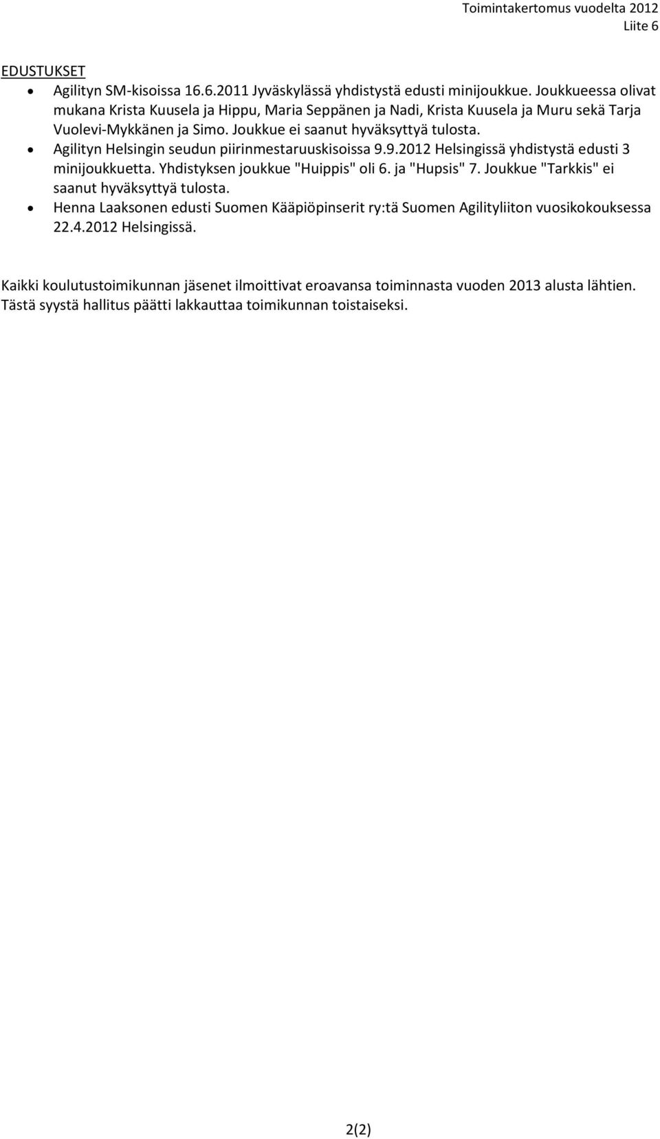Agilityn Helsingin seudun piirinmestaruuskisoissa 9.9.2012 Helsingissä yhdistystä edusti 3 minijoukkuetta. Yhdistyksen joukkue "Huippis" oli 6. ja "Hupsis" 7.