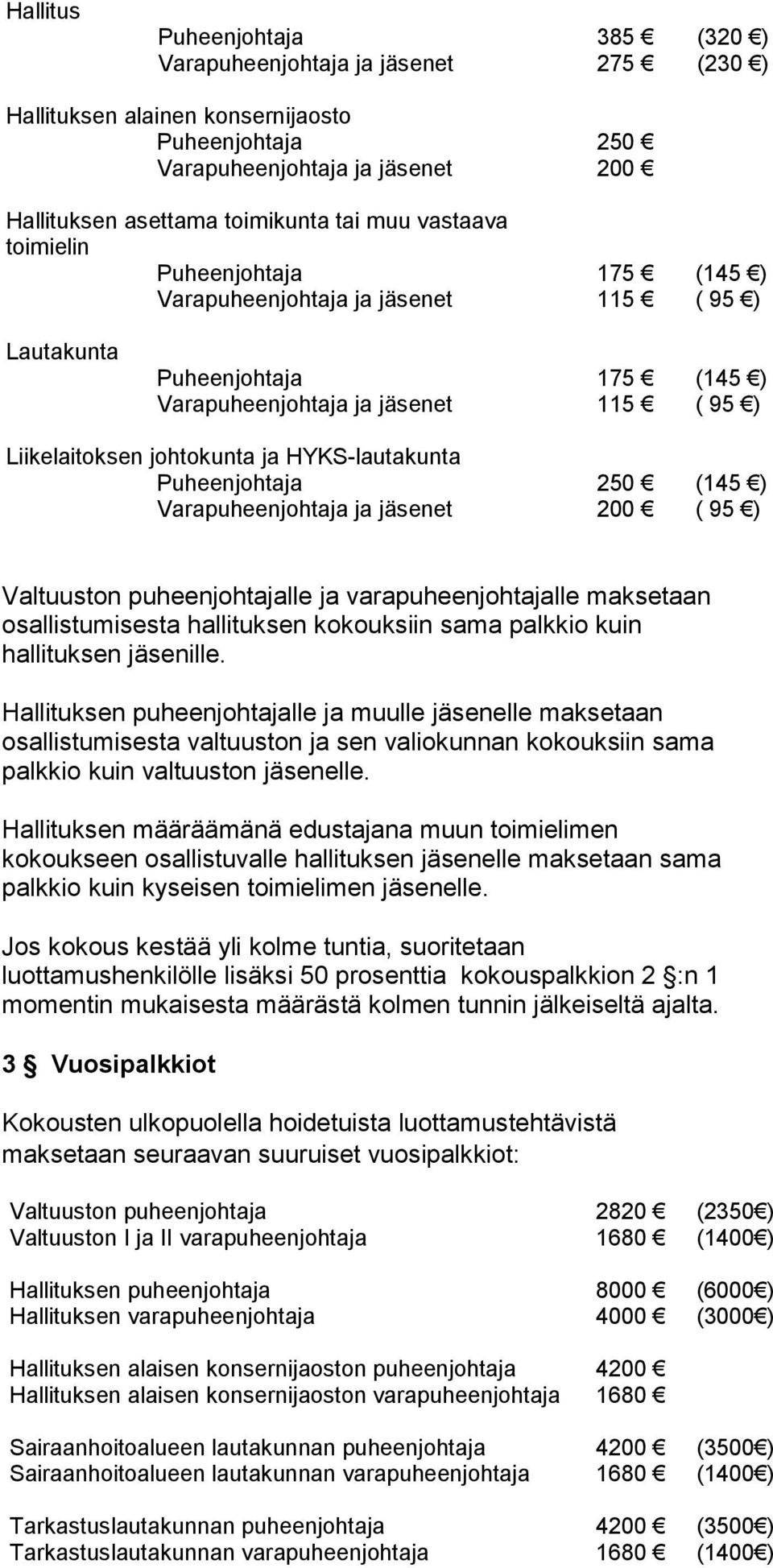 HYKS-lautakunta Puheenjohtaja 250 (145 ) Varapuheenjohtaja ja jäsenet 200 ( 95 ) Valtuuston puheenjohtajalle ja varapuheenjohtajalle maksetaan osallistumisesta hallituksen kokouksiin sama palkkio