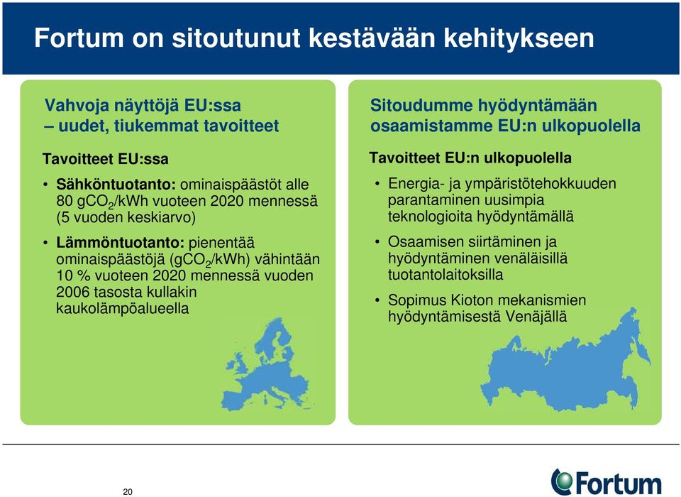 kullakin kaukolämpöalueella Sitoudumme hyödyntämään osaamistamme EU:n ulkopuolella Tavoitteet EU:n ulkopuolella Energia- ja ympäristötehokkuuden parantaminen