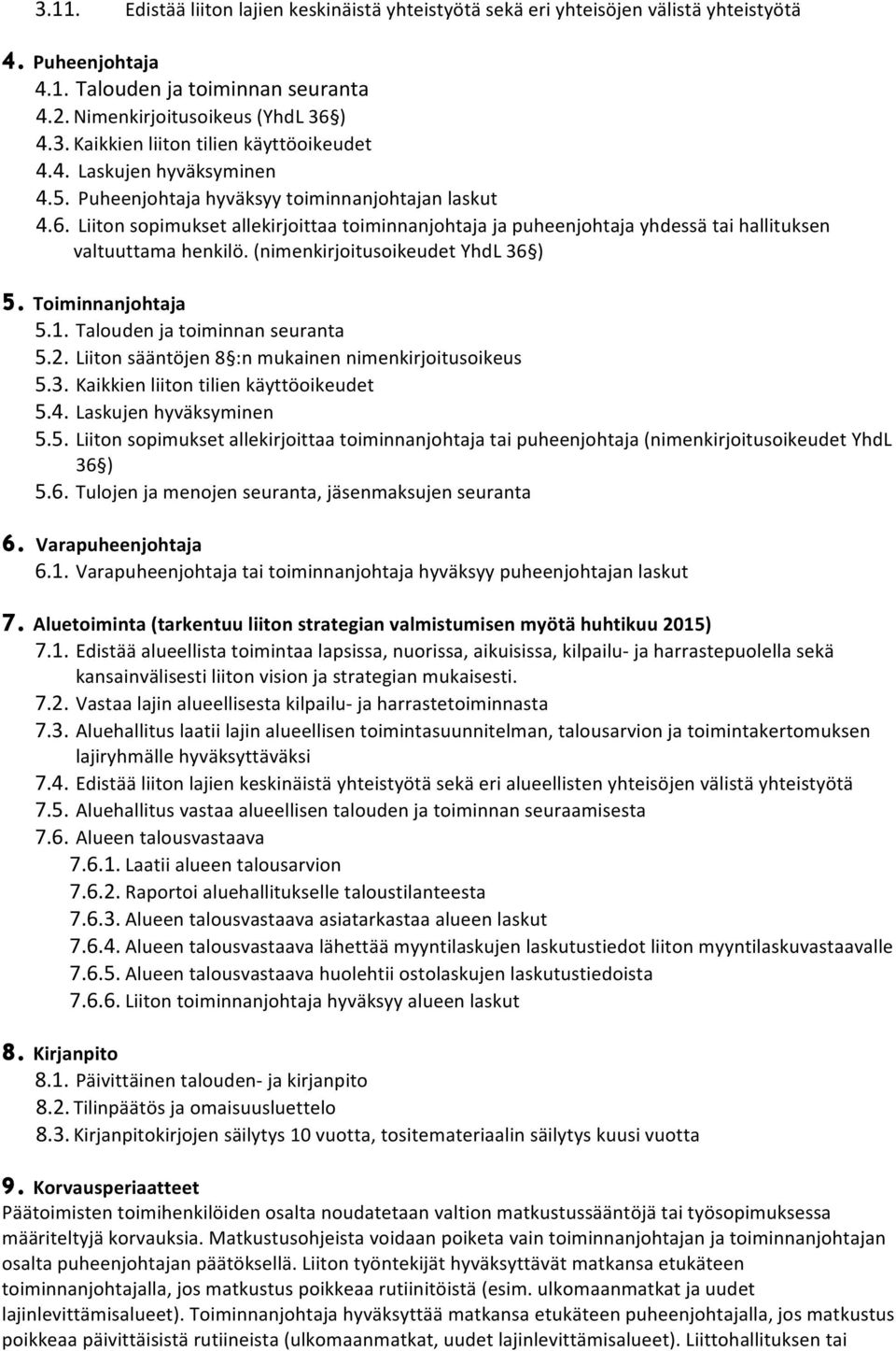 (nimenkirjoitusoikeudet YhdL 36 ) 5. Toiminnanjohtaja 5.1. Talouden ja toiminnan seuranta 5.2. Liiton sääntöjen 8 :n mukainen nimenkirjoitusoikeus 5.3. Kaikkien liiton tilien käyttöoikeudet 5.4.