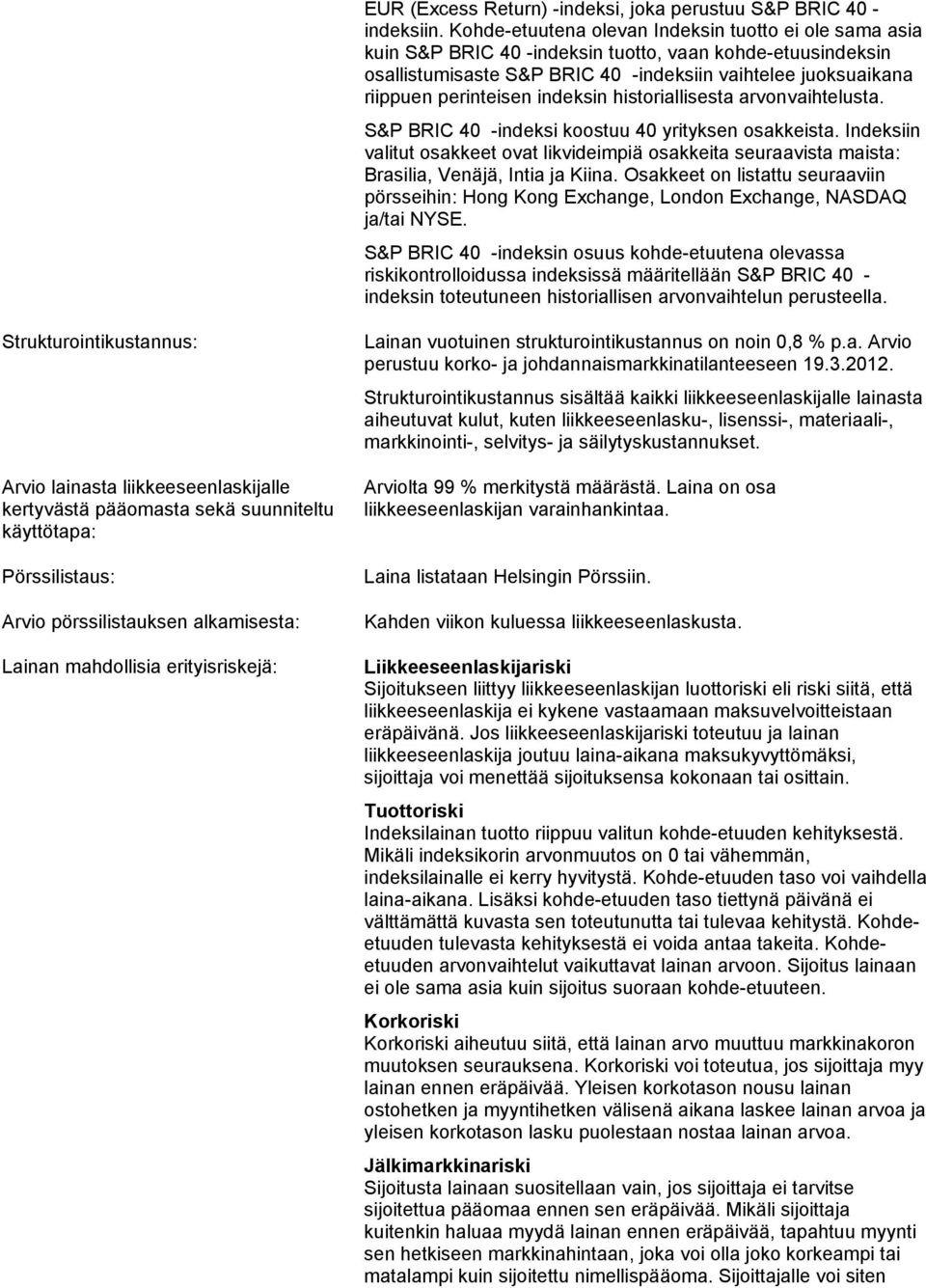 indeksin historiallisesta arvonvaihtelusta. S&P BRIC 40 -indeksi koostuu 40 yrityksen osakkeista.