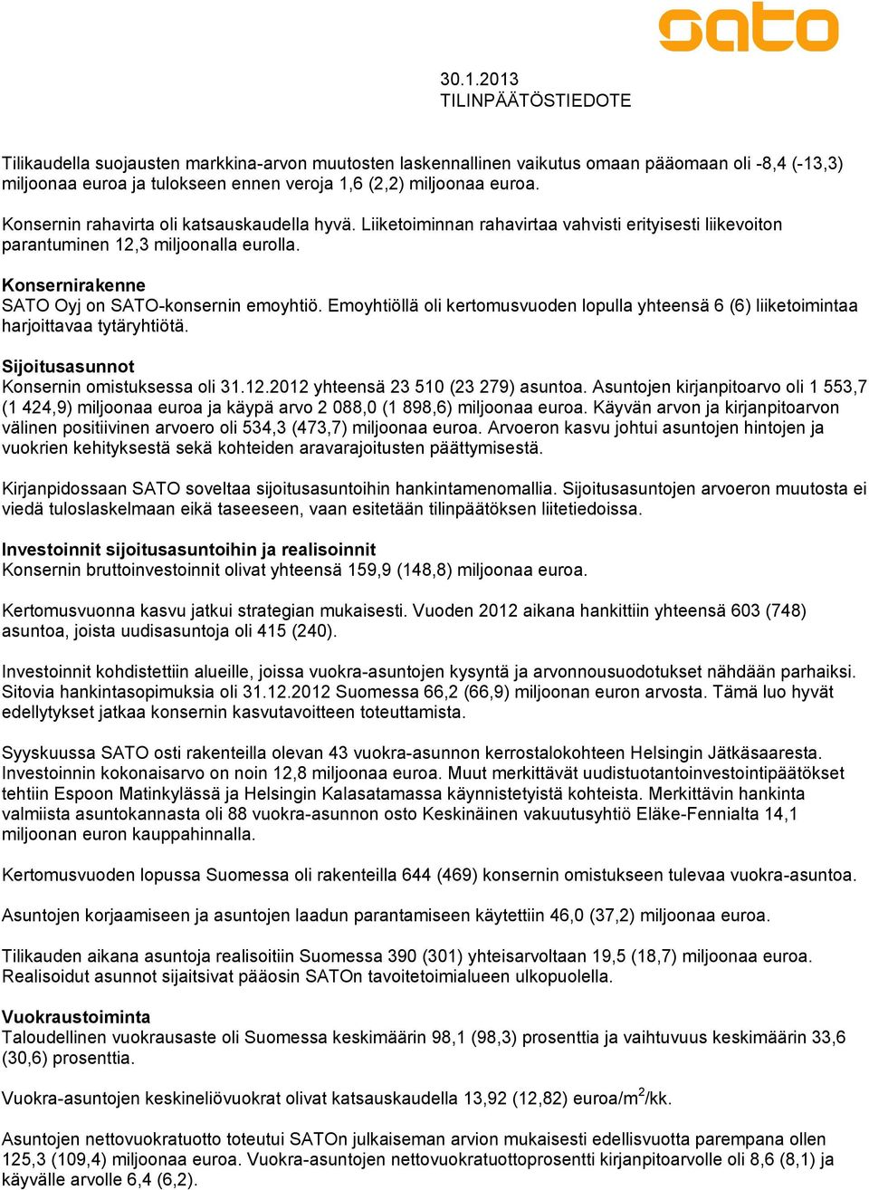 Emoyhtiöllä oli kertomusvuoden lopulla yhteensä 6 (6) liiketoimintaa harjoittavaa tytäryhtiötä. Sijoitusasunnot Konsernin omistuksessa oli 31.12.2012 yhteensä 23 510 (23 279) asuntoa.