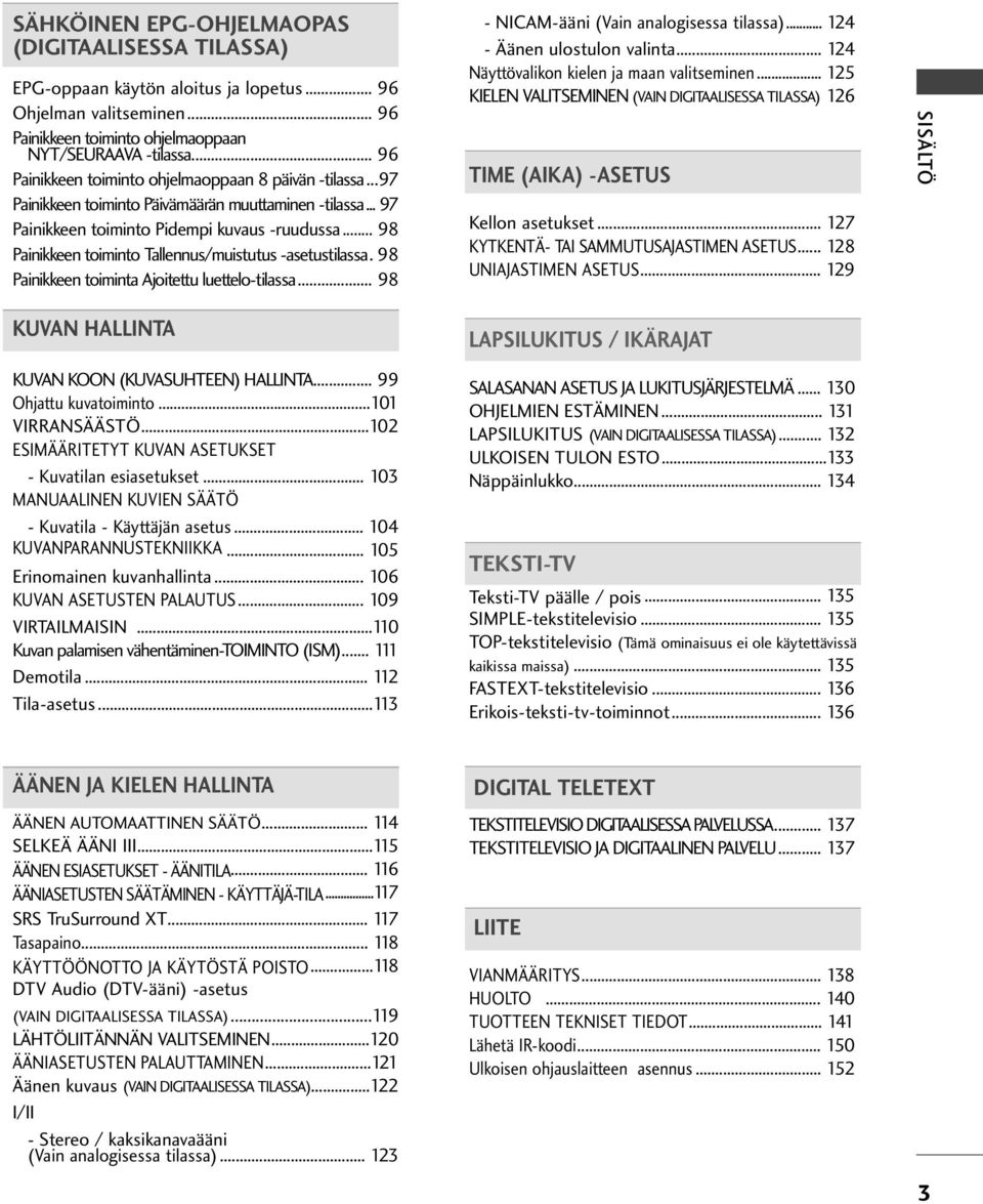 .. 98 Painikkeen toiminto Tallennus/muistutus -asetustilassa. 98 Painikkeen toiminta Ajoitettu luettelo-tilassa... 98 - NICAM-ääni (Vain analogisessa tilassa)... - Äänen ulostulon valinta.