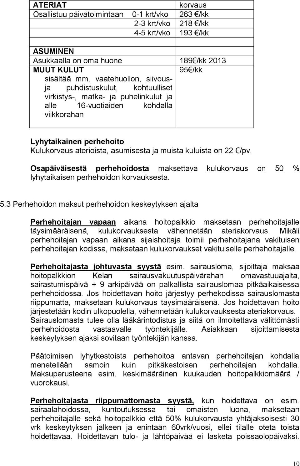 muista kuluista on 22 /pv. Osapäiväisestä perhehoidosta maksettava kulukorvaus on 50
