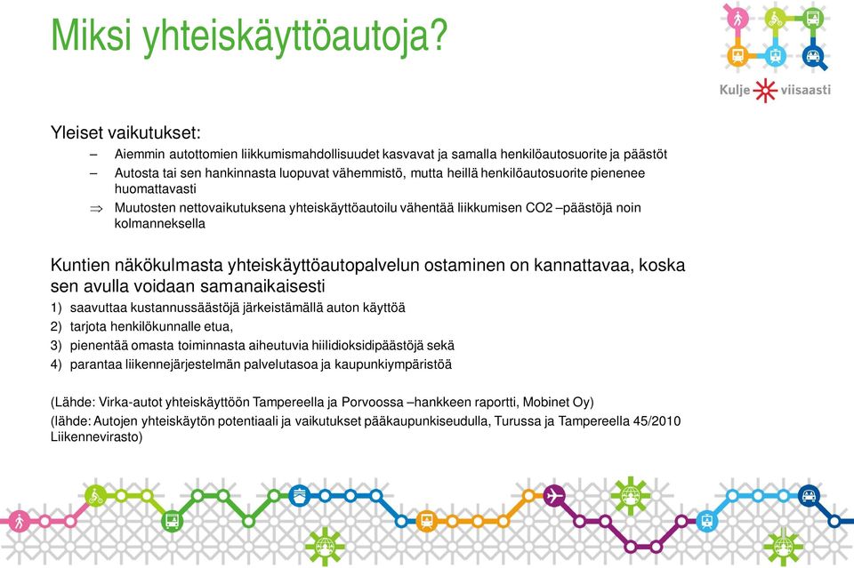 pienenee huomattavasti Muutosten nettovaikutuksena yhteiskäyttöautoilu vähentää liikkumisen CO2 päästöjä noin kolmanneksella Kuntien näkökulmasta yhteiskäyttöautopalvelun ostaminen on kannattavaa,