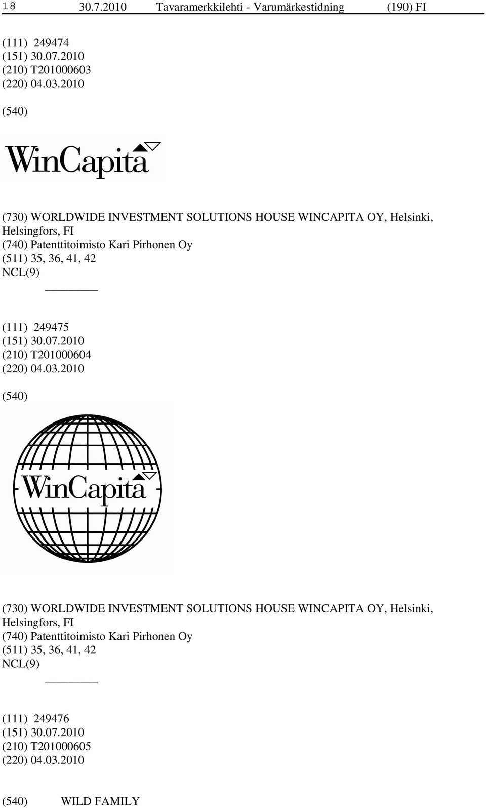 2010 (730) WORLDWIDE INVESTMENT SOLUTIONS HOUSE WINCAPITA OY, Helsinki, Helsingfors, FI (740) Patenttitoimisto Kari Pirhonen