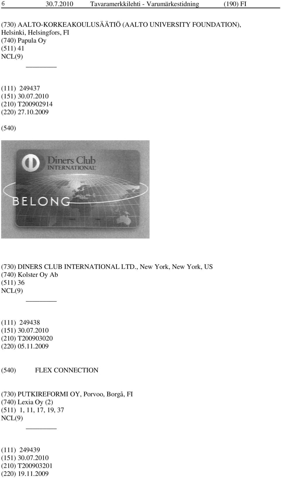 Helsingfors, FI (740) Papula Oy (511) 41 (111) 249437 (210) T200902914 (220) 27.10.2009 (730) DINERS CLUB INTERNATIONAL LTD.