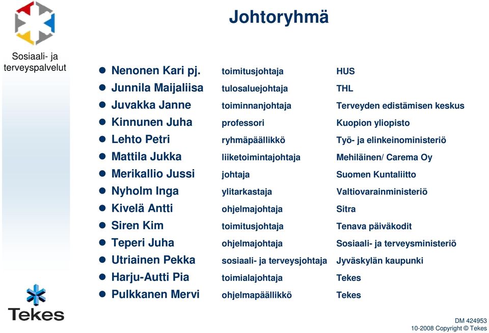 Lehto Petri ryhmäpäällikkö Työ- ja elinkeinoministeriö Mattila Jukka liiketoimintajohtaja Mehiläinen/ Carema Oy Merikallio Jussi johtaja Suomen Kuntaliitto Nyholm