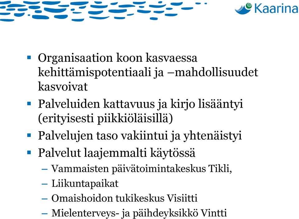 taso vakiintui ja yhtenäistyi Palvelut laajemmalti käytössä Vammaisten