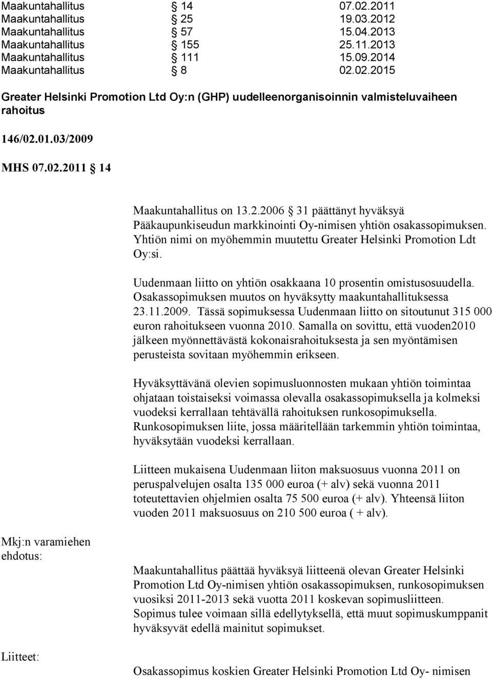 Yhtiön nimi on myöhem min muutettu Greater Helsinki Promotion Ldt Oy:si. Uudenmaan liitto on yhtiön osakkaana 10 prosentin omistusosuudella.