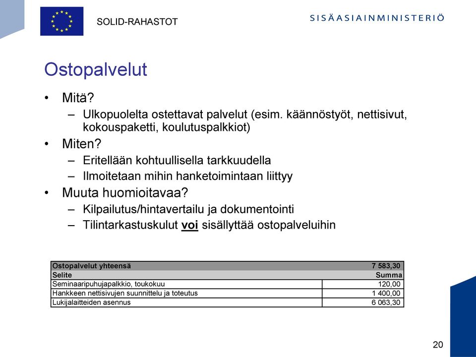 Kilpailutus/hintavertailu ja dokumentointi Tilintarkastuskulut voi sisällyttää ostopalveluihin Ostopalvelut yhteensä 7