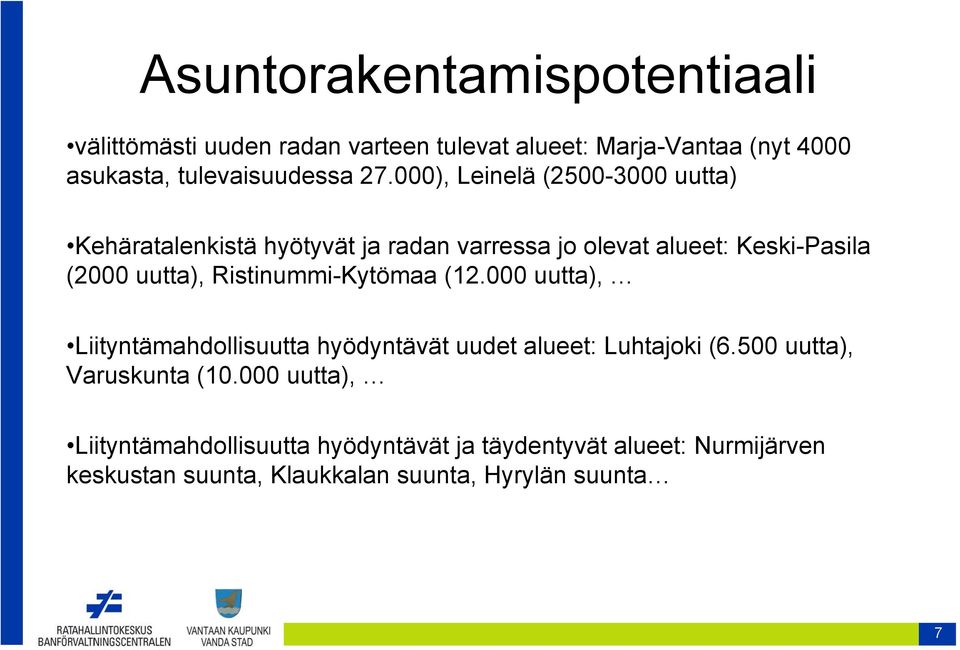 Ristinummi-Kytömaa (12.000 uutta), Liityntämahdollisuutta hyödyntävät uudet alueet: Luhtajoki (6.500 uutta), Varuskunta (10.