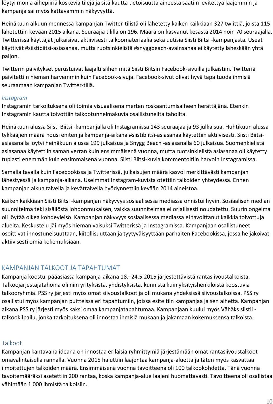 Määrä on kasvanut kesästä 2014 noin 70 seuraajalla. Twitterissä käyttäjät julkaisivat aktiivisesti talkoomateriaalia sekä uutisia Siisti Biitsi -kampanjasta.