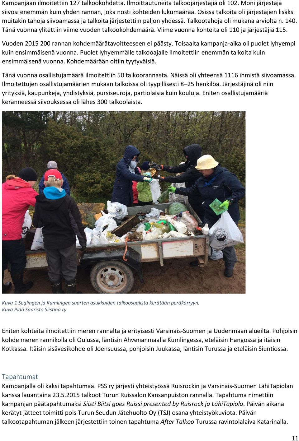 Tänä vuonna ylitettiin viime vuoden talkookohdemäärä. Viime vuonna kohteita oli 110 ja järjestäjiä 115. Vuoden 2015 200 rannan kohdemäärätavoitteeseen ei päästy.