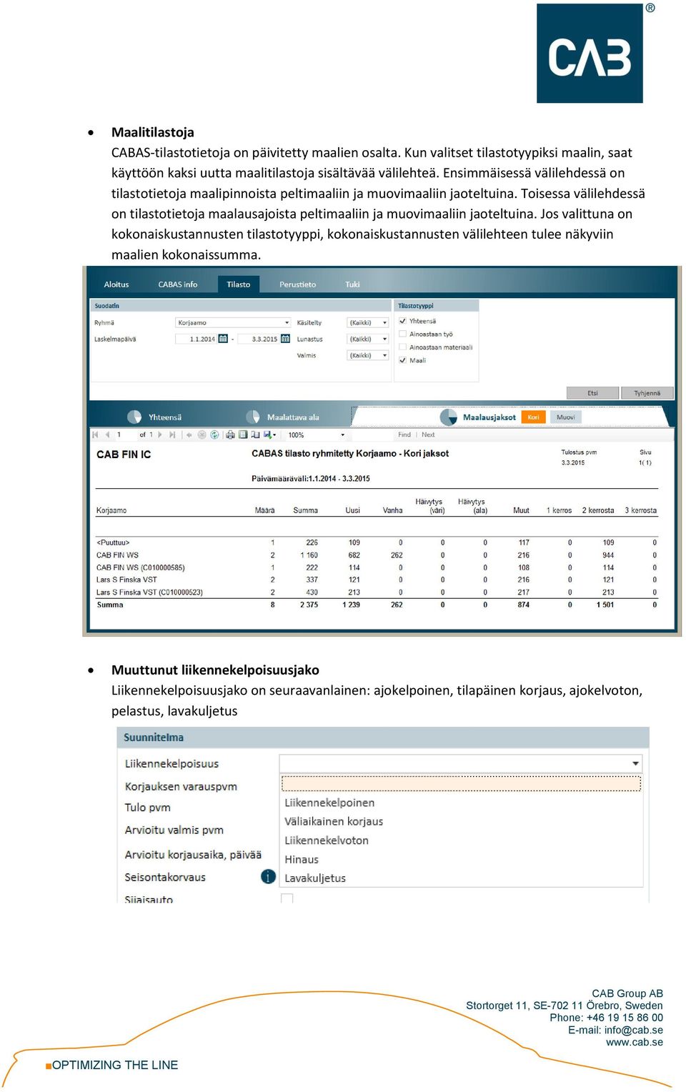 Ensimmäisessä välilehdessä on tilastotietoja maalipinnoista peltimaaliin ja muovimaaliin jaoteltuina.