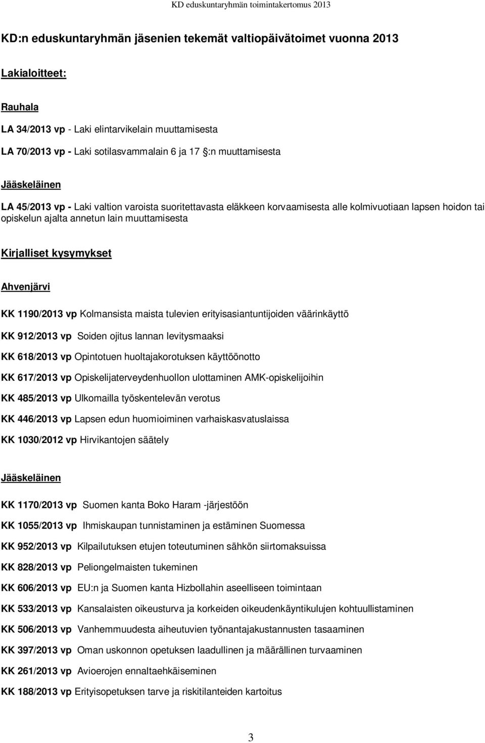kysymykset Ahvenjärvi KK 1190/2013 vp Kolmansista maista tulevien erityisasiantuntijoiden väärinkäyttö KK 912/2013 vp Soiden ojitus lannan levitysmaaksi KK 618/2013 vp Opintotuen huoltajakorotuksen