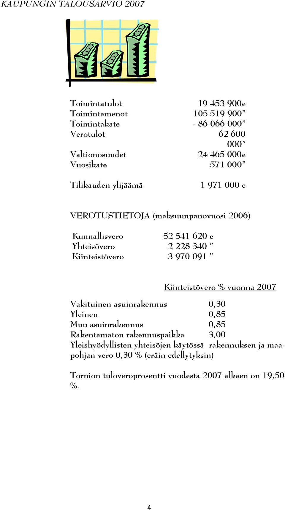 Kiinteistövero 3 970 091 Kiinteistövero % vuonna 2007 Vakituinen asuinrakennus 0,30 Yleinen 0,85 Muu asuinrakennus 0,85 Rakentamaton rakennuspaikka