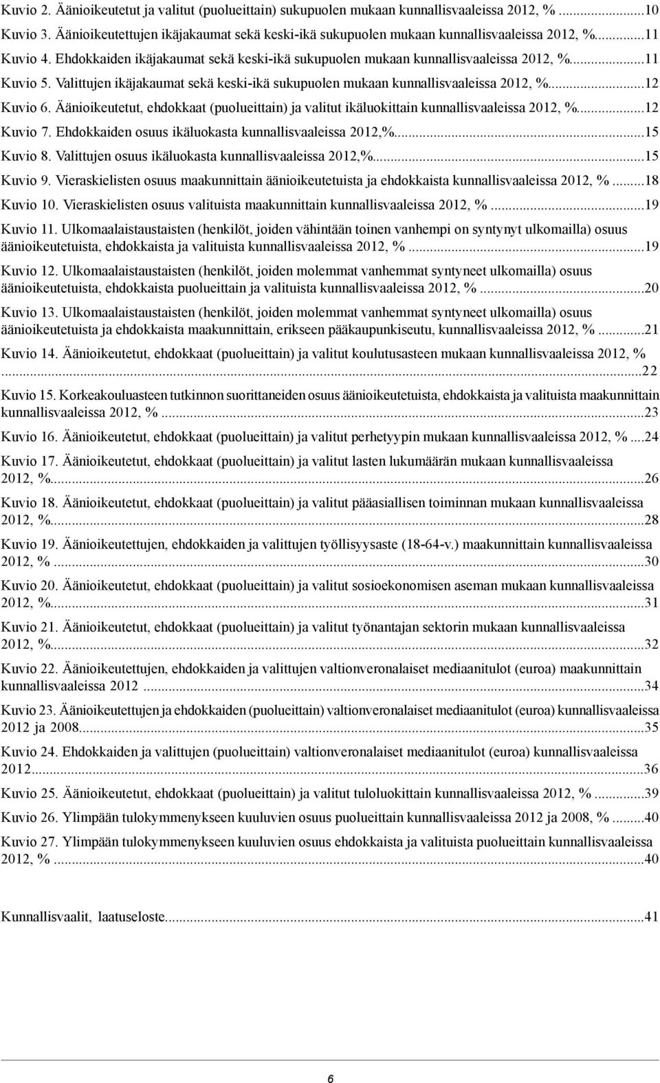 Valittujen ikäjakaumat sekä keski-ikä sukupuolen mukaan kunnallisvaaleissa 2012, %.12 Kuvio 6. Äänioikeutetut, ehdokkaat (puolueittain) ja valitut ikäluokittain kunnallisvaaleissa 2012, %.12 Kuvio 7.