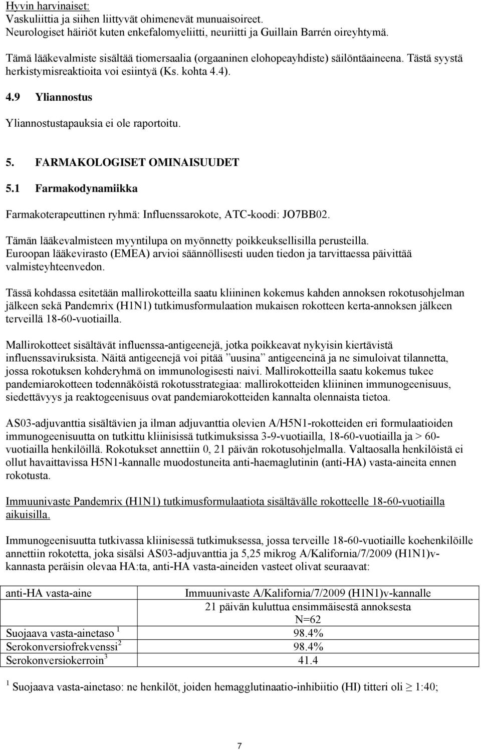 FARMAKOLOGISET OMINAISUUDET 5.1 Farmakodynamiikka Farmakoterapeuttinen ryhmä: Influenssarokote, ATC-koodi: JO7BB02. Tämän lääkevalmisteen myyntilupa on myönnetty poikkeuksellisilla perusteilla.