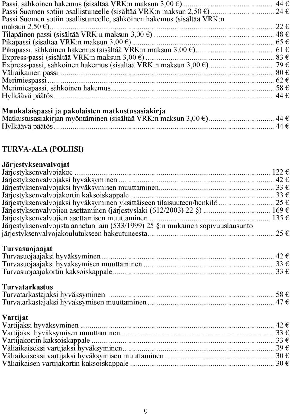 .. 65 Pikapassi, sähköinen hakemus (sisältää VRK:n maksun 3,00 )... 61 Express-passi (sisältää VRK:n maksun 3,00 )... 83 Express-passi, sähköinen hakemus (sisältää VRK:n maksun 3,00 ).