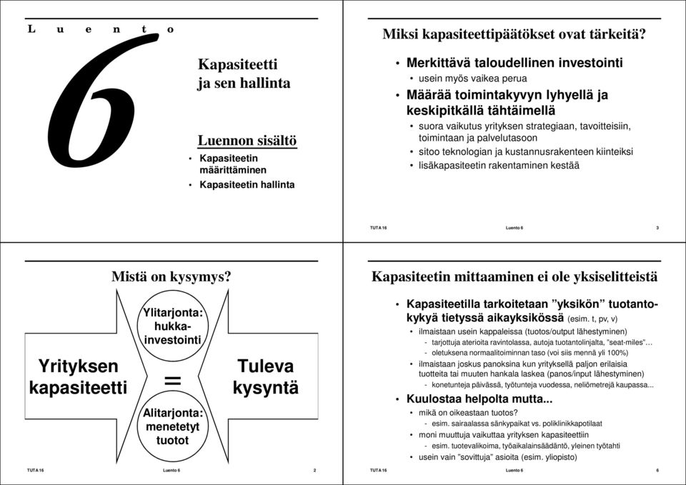 tähtäimellä suora vaikutus yrityksen strategiaan, tavoitteisiin, toimintaan ja palvelutasoon sitoo teknologian ja kustannusrakenteen kiinteiksi lisäkapasiteetin rakentaminen kestää TUTA 16 Luento 6 3