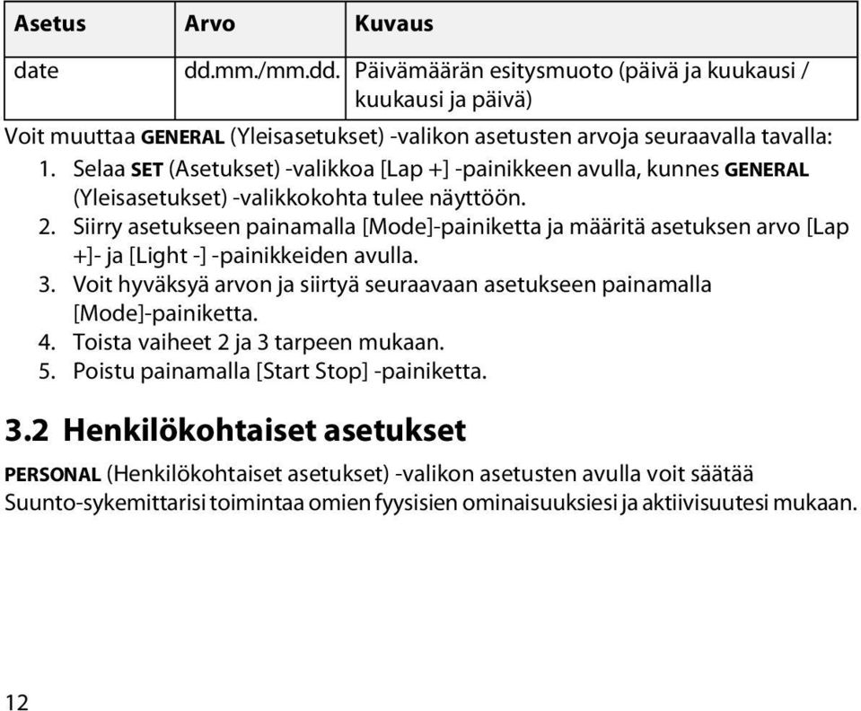 Siirry asetukseen painamalla [Mode]-painiketta ja määritä asetuksen arvo [Lap +]- ja [Light -] -painikkeiden avulla. 3.