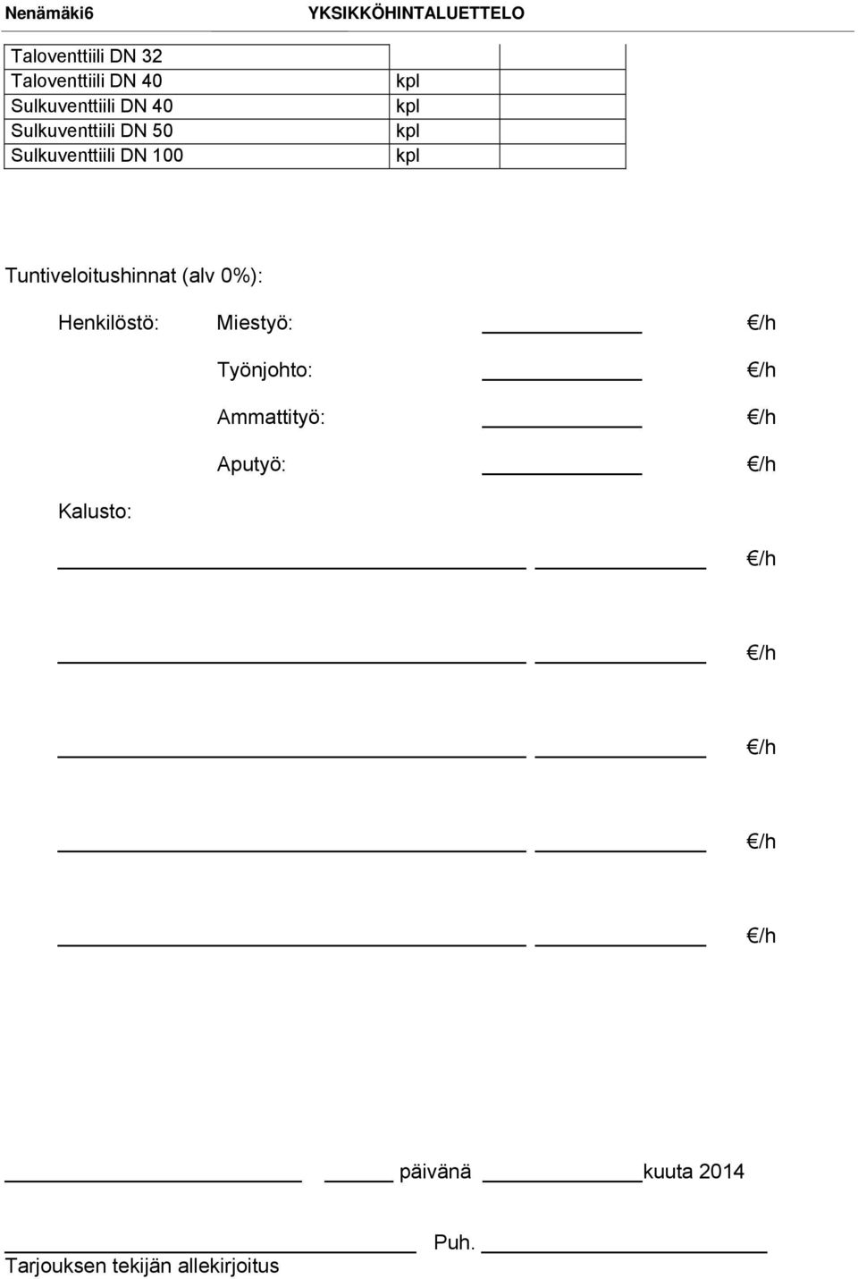 (alv 0%): Henkilöstö: Miestyö: Työnjohto: Ammattityö: Aputyö: