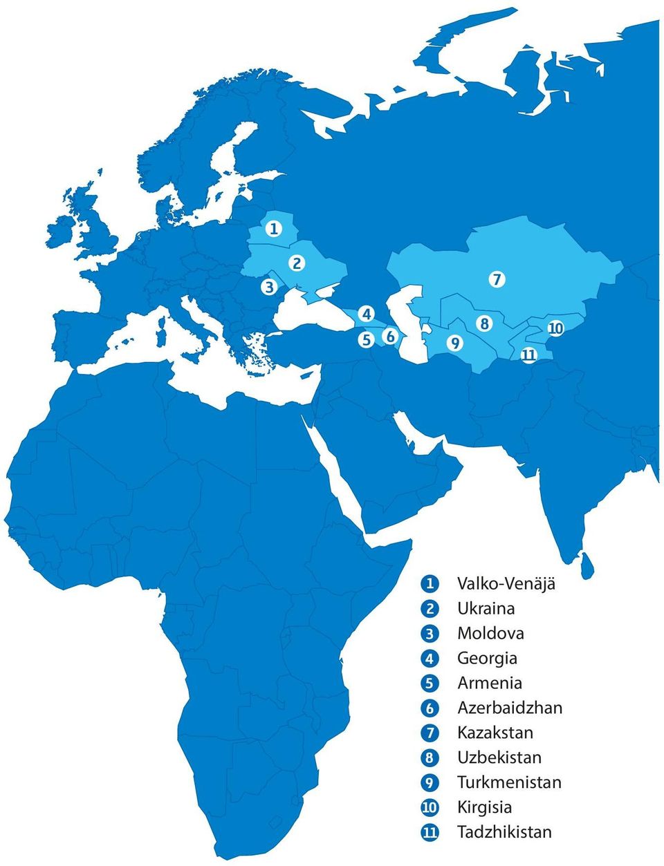 Georgia Georgia 5 Armenia Armenia 6 Azerbaidzhan Azerbaidzhan 7 Kazakstan Kazakstan 8 Uzbekistan